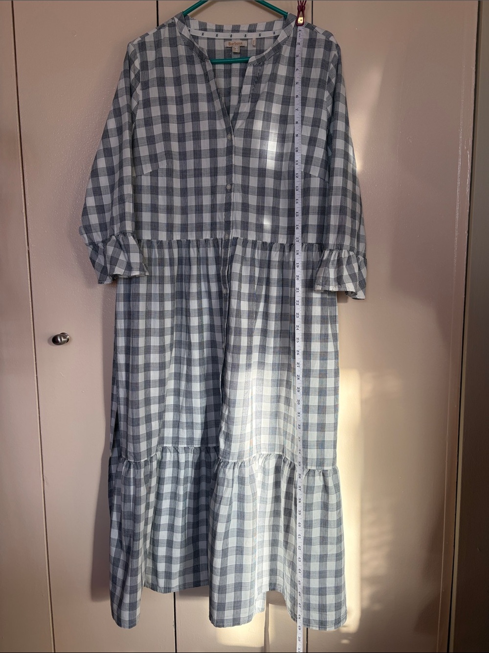Barbour Gray and White Gingham Long Sleeve Maxi Dress with Waist Tie - Picture 12 of 12
